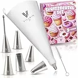 Villkin Spritzbeutel-Set 9-teilig mit 6 verschiedenen Edelstahl Spritztüllen und 34cm Spritztüte - wiederverwendbar und spülmaschinenfest - Für Dekorationen auf Torten, Kuchen und Keksen