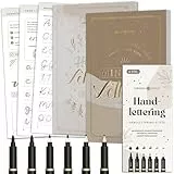 Lebenskompass Handlettering Set - Übungsbuch für Anfänger + Kaligraphiebuch + Handlettering Stifte 6 Stk. wasserbasiert in verschiedenen Größen - Enthält zahlreiche Vorlagen und Übungen - Kalligraphie
