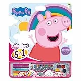 Cefa Toys Giga Block 5-in-1 Peppa Aktivitäten, 25 FSC-Malvorlagen, 8 Wachsmalstifte, 5 Filzstifte, 5 Aquarellfarben und Blatt mit entfernbaren Aufklebern. Geeignet für Kinder ab 3 Jahren.