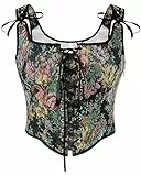 SCARLET DARKNESS Damen Vampir Kostüm Oberteile Mittealter Lace-Up Quadratischer Hals Tank Top Schwarz Blumen 36