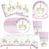 Bikasun Einhorn Partygeschirr Set, 16 Gäste Unicorn Teller Set, Einhorn Geburtstag Geschirr, Kindergeburtstag Pappteller Teller Tassen Servietten Tischdecke Party Deko