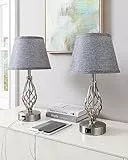 EDISHINE LED Nachttischlampe Touch Dimmbar 2er Set, Tischlampe Modern, Lampe mit Ladefunktion, 2 USB Anschlüsse, für Deko Schlafzimmer, Wohnzimmer, Fensterbank, Geschenk, Lampenschirm Leinen, Grau