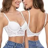 iClosam Rückenfreier BH Damen Push Up Spitzen Bra mit Bügel BHS mit U-förmiger Niedrigem Rücken für Frauen Bralette V-Ausschnitt Invisible Körbchen-BH Abnehmbar Träger