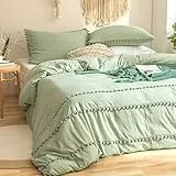 Tospass Quaste Bettwäsche Set 200x200cm Salbeigrün Pompons Fransen Boho Mädchen Bettwaren-Sets Gewaschene Microfaser Unifarben Deckenbezug Bettbezug mit Reißverschluss und 2 Kissenbezug 80x80cm