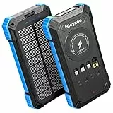 Solar Powerbank, 26800 mAh Tragbares Ladegerät mit 4 Integrierten Kabeln, Solar-Akkuladegerät mit USB-C Schnellladung, Qi-Wireless-Charging mit LED-Taschenlampen für Handys, Tablets und Camping