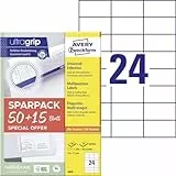 AVERY Zweckform 6605 Adressaufkleber (1.200 plus 360 Klebeetiketten extra, 70x37mm auf A4, Papier matt, bedruckbare Absenderetiketten, selbstklebende Adressetiketten mit ultragrip) 65 Blatt, weiß