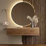 Planetmöbel Flurgarderobe 1x 140 cm inkl. Spiegel rund mit Beleuchtung 100 cm, Gold Eiche, Flur Möbel mit Spiegel, 37,8T x 140B x 32,5H cm