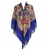 Gudessly Damenschal, übergroß, traditioneller Retro-Schal, Wickeltuch, mit Quasten/Fransen, Blumen-Poncho, bedruckt, 157,5 x 157,5 cm, Königsblau, 62 * 62inch