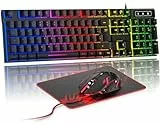 Rewurnth Gaming Tastatur und Maus Set, QWERTZ DE Layout, RGB Hintergrundbeleuchtete Kabelgebundene Tastatur, Ergonomische 4 Farbige LED Gaming Maus, Großes Mauspad, USB Plug & Play für PC PS4 Xbox