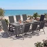 Devoko Gartenmöbel Set 8 stühle mit Tisch, Bestehend aus 1 Aluminiumtisch und 8 Klappstühlen für balkonmöbel. 1 x 189 cm Gartentisch mit Holzmaserung, Terrassenmöbel-Set, Dunkelgrau.