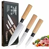 Justup Messerset, 3-tlg Profi Küchenmesser Kochmesser Set, Edelstahl Extra Scharfe Messer Set mit Eichenmessergriff, Kochmesser, Allzweckmesser und Schälmesser für Küche (3-teilig)
