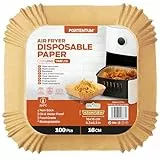 PORTENTUM Backpapier für Heißluftfritteuse 100 Stück, Einweg und ungebleicht. Geeignet für 3.5 bis 6 Liter. Lebensmittelechtes Backpapier, BPA-frei, FDA- und LFGB-zertifiziert, Packaging May Vary