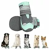 Eyein Hundeschuhe Pfotenschutz, 2 Stück atmungsaktiv Hundeschuhe mit Rutschfester Sohle und reflektierendem Klettverschluss für kleine, mittlere und große Hunde, Sport im Freien, Grün, Größe 4