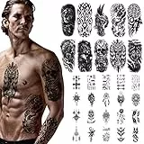 URAQT Temporäre Tattoos, Schwarz Temporäre Aufkleber, 10 Blätt Große Männer Tattoo mit 20 Blätt Klein, Wolf Tiger Eule Wasserfest Tattoo, Temporary Fake Tattoos für Frauen Arm Brust Bein