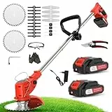 OUTIGO Akku Rasentrimmer mit Akku, Rasenkantenschneider mit 2 Akkus 21V und 4 Messertypen+1 Gartenschere, Verstellbarer Teleskop-Führungsholm Desbrozadoraeléctrico inalámbrico (Rot-FBA)