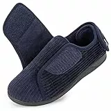 HomeTop Damen Geschlossene Ferse Diabetiker Hausschuhe Kord Verstellbar Weite Passform Haken und Schleife Memoryschaum Pantoffeln Marine, 40 EU
