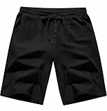 CMTOP Kurze Hosen Herren Sommer Leinenhose Kurz Leichte Luftige Herren-Shorts Einfarbige Baumwolle Locker Kurze Freizeithose Elastische Taille Sommershorts mit Taschen und Tunnelzug(Schwarz, L)