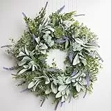Perfnique Türkranz Ganzjährig 50 cm, Künstlicher Frühlings- & Sommerkranz mit Lammohren, Lavendelblüten und Eukalyptus, Deko für Haustür, Fenster & Wand (Lavendel)