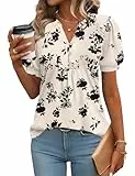 Rapbin Blusen Damen V-Ausschnitt Knopfleiste T-Shirt Tunika Kurzarm Top Sommer Oberteile Leicht Elegant Casual Blumen-Schwarze S