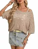 GRACE KARIN Damen Pullover Sommer Lässige Boot Ausschnitt Lochmuster Lockere Strand Obertiele M Khaki