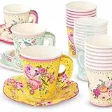 Talking Table Lot de 12 Gobelets en Papier Thème Floral, avec poignet et soucoupe, Vintage, 6 fluid_ounces , Multicolor, Verschiedene Farben