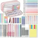 DazSpirit 61 Stück Schulzubehör mit Mäppchen, 12 Textmarker Pastell, 4 Radierbarer Stifte, 5 Gel Stifte, 6 Druckbleistifte, Back To School Stuff, Office Essentials, Schreibwaren Set für Schüler (Rosa)