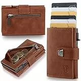 GENTO Geldbörse – kompaktes Portmonee aus Mikrofaser – RFID-Schutz – Premium-Qualität – 8 Kartenfächer – Münzfach mit Reißverschluss – 3 Farben – Schiebemechanismus für Karten – Geschenkbox (Braun)