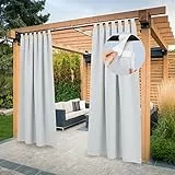 PONY DANCE Outdoorvorhänge mit Abnehmbaren Schlaufen Outdoor Vorhang Wasserdicht Sonnenschutz Gardinen für Pavillon & Terrasse Schlaufenschal 2er Set H 213 x B 132 cm, Grau-weiß