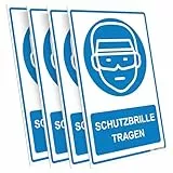 PRINTIMA 4x Schild „SCHUTZBRILLE TRAGEN“ 21x32 cm – PVC Warnschild wetterfest & UV-beständig, inkl. Dübel, Sicherheitskennzeichnung für Augenschutz am Arbeitsplatz, Innen- & Außenbereiche