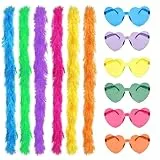 Tgsedr 6 Stück Bunte Federboas mit 6 Rahmenlosen Sonnenbrillen Künstliche Flauschige Boas für Damen Mädchen 2 m Federboas Party Accessoires für Party Karneval Halloween Kostümzubehör