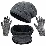 Petrunup Mütze Handschuh und Schal Set Herren, 3Pcs Winter Beany Mütze Snood und Touchscreen-Handschuhe mit Fleecefutter, Grau
