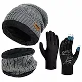 OOPOR Wintermütze Schal Touchscreen Handschuhe Set - Unisex Beanie Strickmütze Winterschal Thermo Handschuhe | Fleecefutter Warme Knit Hut Loop Schal Rutschfeste Handschuhe | für Herren