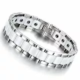 Cupimatch Herren Magnet Edelstahl Keramik Armband, 13mm breite Rechteck Link Handgelenk Magnetarmband Armreif, weiss silber