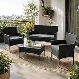 Juskys Polyrattan Sitzgruppe Fort Myers 4 Personen mit 2er Sofa, 2 Stühle, Tisch & Sitzkissen wetterfest schwarz/grau Balkonmöbel Gartenmöbel Set