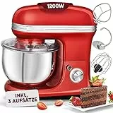ProfiCook® Küchenmaschine zum backen | Knetmaschine 5L mit starkem 1200W Motor | Teigmaschine inkl. Haken & Schneebesen | Retro Teigknetmaschine Spritzschutz mit Nachfüllöffnung | PC KM 1197 rot