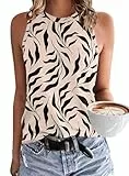 WNEEDU Damen Tank Top Ärmellos Oberteile Sommer Tanktops Rundhals Blusentop Vest Top Bluse Basic Aprikose Schwarz Blätter M