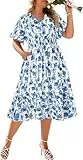 Hanna Nikole Damen Große Größen V-Ausschnitt Freizeitkleid A Linien Kleide Rüschen Ärmel Kleider Elastische Taille Knielang Dress Mit Taschen Blaue Blumen 50
