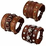 Flongo Lederarmband Set Herren Breites Manschette Armband mit Nieten Kreuz Totenkopf Punk Biker Geflochten Armbänder Armreif mit Schnalle Schdädel verstellbar braun