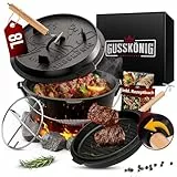 GUSSKÖNIG DutchOven Set - Eingebrannter Dutch Oven 8 Liter - Feuertopf aus Gusseisen ohne Füßen - Schmortopf Doppelfunktion - inkl. 2in1 Deckelheber, Dutch Oven Rezeptbuch[für 3-6 Personen]
