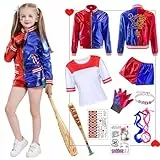 Amycute Quinn Cosplay Kostüme für Erwachsene, Mädchen Bösewicht Suicide Kostüm Kit enthalten Jacke, T-Shirt, Shorts und Handschuh für Halloween Karneval Cosplay (130(125-135cm))