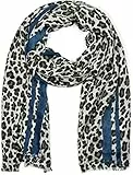 styleBREAKER Damen Schal mit Leo Muster und farbigem Streifen | Weiches Material mit Fransen | Animal Print Tuch in One Size, Farbe:Oliv-Blau