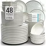Steingut Geschirrset 12 Personen Ibiza 48 tlg. TESTSIEGER, Traumhaftes Mediterranes Steingut Geschirr Set, Schüssel- und Teller Set, Tafelservice 12 Personen, Geschirrsets Pure Living in Beige