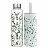 Autsel 1 liter Glasflasche Trinkflasche Glas Sport Borosilikat Glass Bottle Wasser Flasche mit Neopren-Hülle mit Auslaufsichere Abdeckung