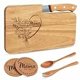 SLDALES Schneidebrett Holz Beste Mama Geschenk,Mutter Weihnachtsgeschenke Geschenke Fruhsticksbrettchen,Holzbrett + Liffel Gabelmit Gravur + Glasuntersetzer