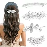 TESGADGETS 4 Strass Haarspangen für Damen, silberne Blumen Haaraccessoires, Funkelnde Kristall Haarnadeln, Braut-, Hochzeits- und Alltagsaccessoires