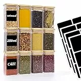 Withosent Vorratsdosen Glas 12er Set, 280ml Gewürzgläser Eckig Holzdeckel, Vorratsgläser Glasbehälter mit Deckel Klein, Stapelbare Gewürzdosen Küche für Gewürze, Spice Jars