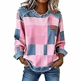 Denim-Sweatshirt für Damen, Patchwork, Karomuster, locker, bequem, elegant, für Frühling, Sommer, Herbst, Nähte, Tunika, Tops, rose, L