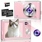 4K Digitalkamera 48MP Autofokus Kompaktkamera mit Dual Front- und Rückkameras Vlogging, YouTube für Fotografie, 16X Digitalzoom mit 32GB TF-Karte & 2 Batterien - Rosa
