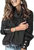 Wenrine Damen Rollkragen Pullover Oversized Winter Langarm Strickpullover Casual Warm Pulli Lose Gestrickt Sweater mit Metallknöpfen(Schwarz, L)
