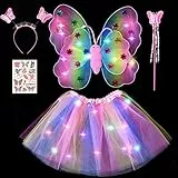 Tacobear Leuchtend Feenkostüm Feenflügel Schmetterlingsflügel mit Haarreif Zauberstab Fee Tattoos LED Tutu Tüllrock Mädchen Kinder Halloween Karneval Feen Geburtstag Party Fasching Kostüm (Bunt)